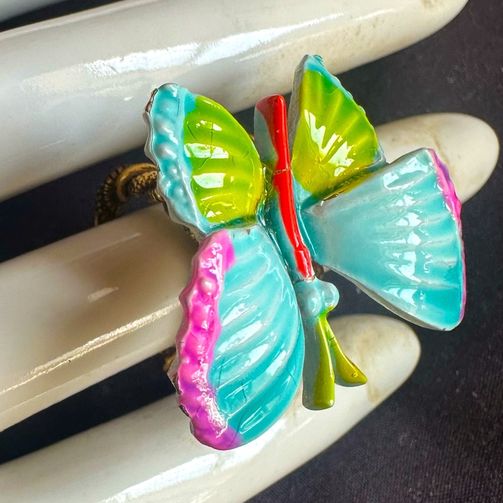 Vintage ART Enamel Butterfly Ring Multicolor Figural Statement Jewelry 1950s–70s